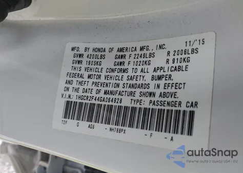 2016 Honda Accord Lx из США, поврежденный, VIN 1HGCR2F44GA064928